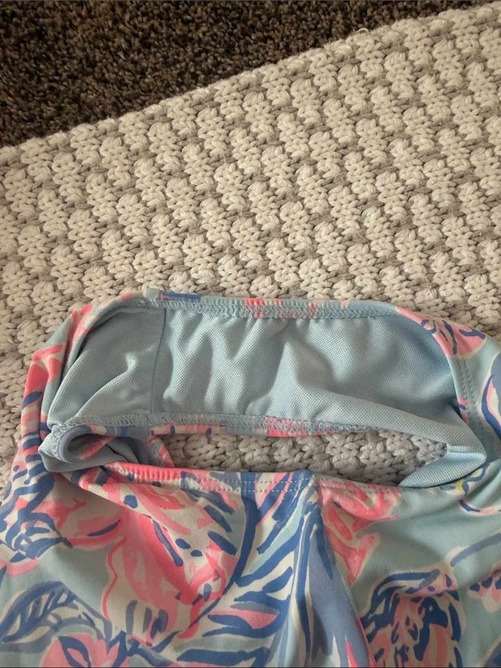 Lilly Pulitzer Girls Floral Ruffle One-Piece — Light Blue, Pink & Navy